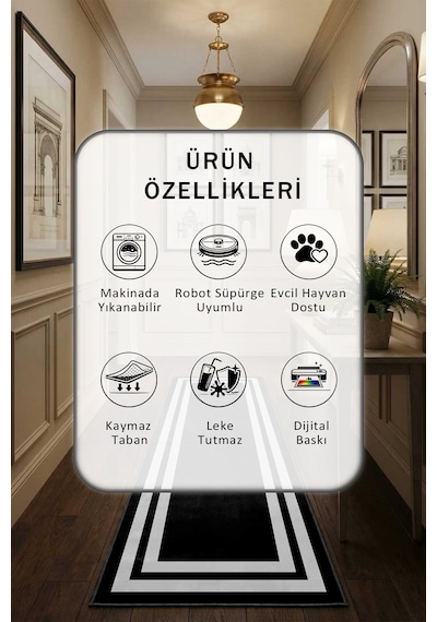 Çerçeve Siyah Çizgi Gri Yıkanabilir Yolluk
