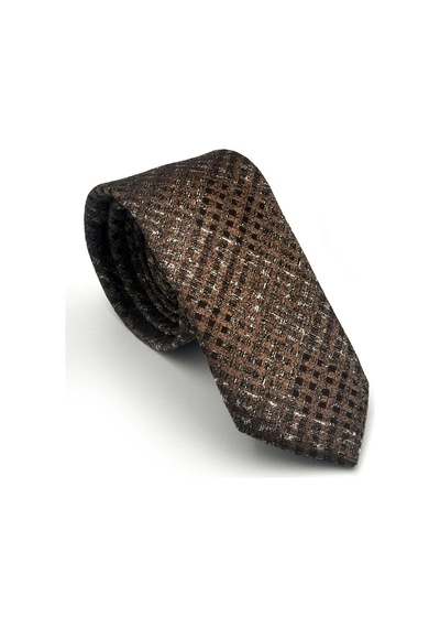 Gaffy Gri Desenli Kahverengi Dokuma Kumaş Mendilli Slim Fit Kravat // Sdk-2602-4 Kahverengi