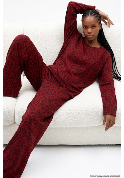 Siyah İnci Leopar Baskılı Örme Pijama Takım 8078 Bordo Leopar