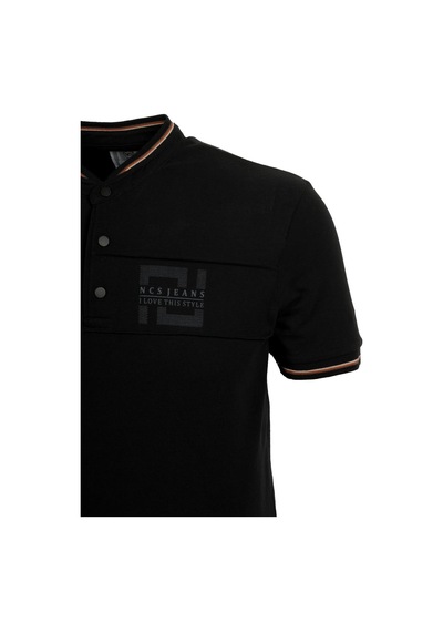 Erkek Siyah Slim Fit Hakim Yaka Ribanalı Baskılı %100 Pamuk T-shirt Jeans 1975-siyah Siyah
