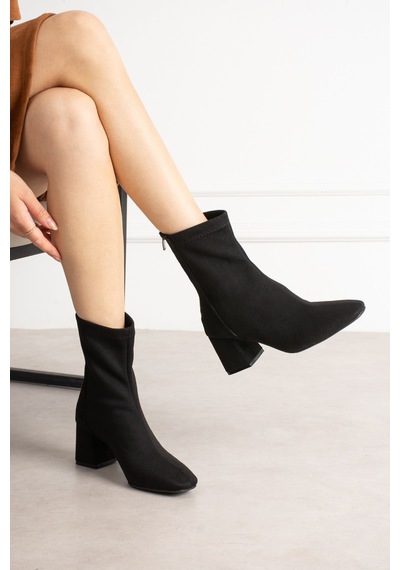 Dabab Shoes Lara Kadın Siyah Süet Streç Küt Burun Fermuarlı 6 Cm Kalın Topuklu Bot Bootie