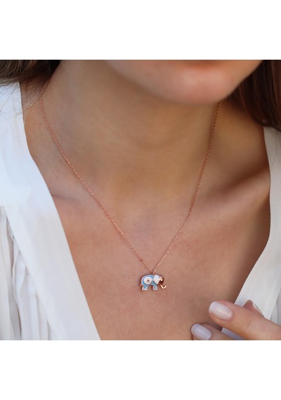 Açık Mavi Mine İşli Rose Gold Kaplama Bereket Fili Gümüş Kolye Gümüş