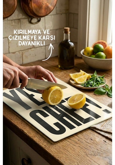 Yes, Chef Desenli Cam Kesim Tahtası - 25x35cm -dayanıklı Ve Pratik Kesim Matı Krem