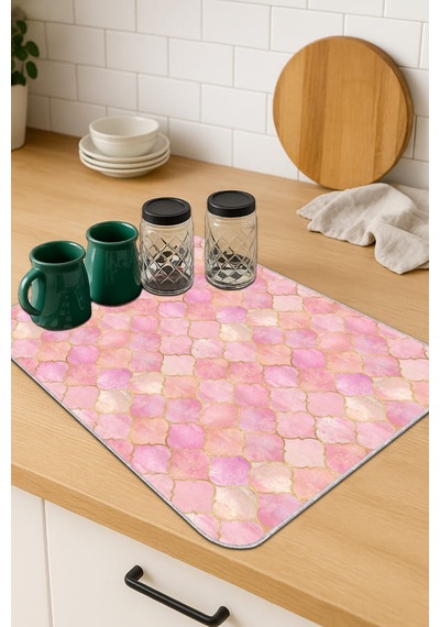 Pembe Fas Desen Microfiber Bulaşık Kurutma Matı Mm003