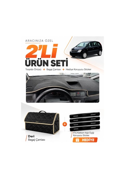 Opel Meriva A 2003-2010 Uyumlu Torpido Örtüsü + Deri Bagaj Çantası + Sticker Seti - Siyah Bej