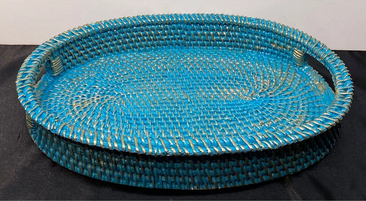 Dekoratif Polyester Üçlü Elma-armut-tepsi Set Turkuaz Gold Eskitme