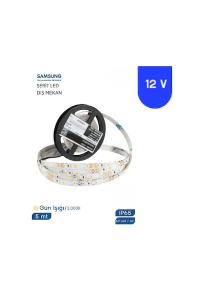 12 Volt 2835 Samsung 60 Led 3000 K Günışığı Dış Mekan 5 Metre Şerit Led Ip65
