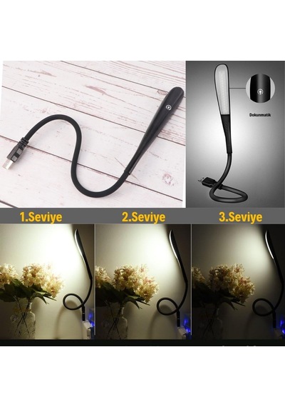 Buffer Usb Girişli 14 Ledli 3 Kademeli Dokunmatik Masa/kitap Okuma Lambası Ledi Siyah Renkli