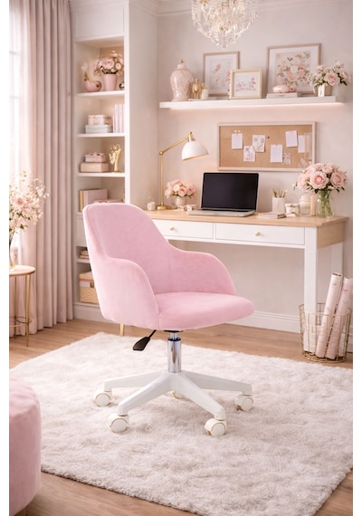 Sude Beyaz Ayaklı Çalışma Koltuğu Tekerlekli Ayarlanabilir Ofis Sandalyesi Baby Face Kumaş Pembe