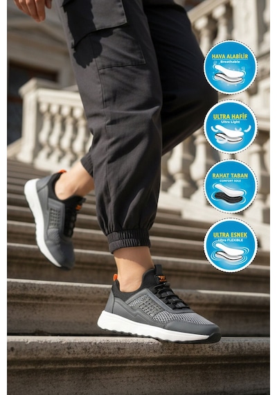 Walkway Füme Fileli Hafif Esnek Lastik Bağcıklı Erkek Spor Ayakkabı Motano M Füme
