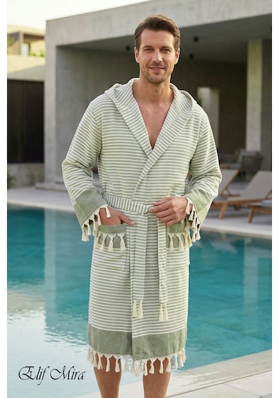 Kapşonlu Unisex Peştemal Plaj Deniz Banyo Bornozu Beachside Haki