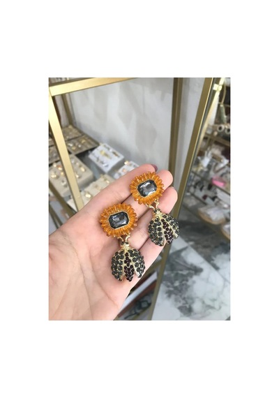 Tasarım Ayçiçeği Ve Arılı Küpe Sarı
