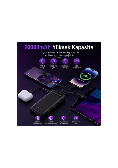 20.000 Mah Tüm Cihazlara Uyumlu Kendinden 4 Kablolu Dijital Ekranlı Telefon Standlı Powerbank Koruma Kılıf li siyah