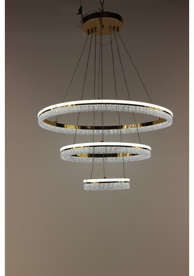 Şık Gold Kaplama 3 Katlı Silikonlu Kristalize Halka Serisi Formu Modern Led Sarkıt