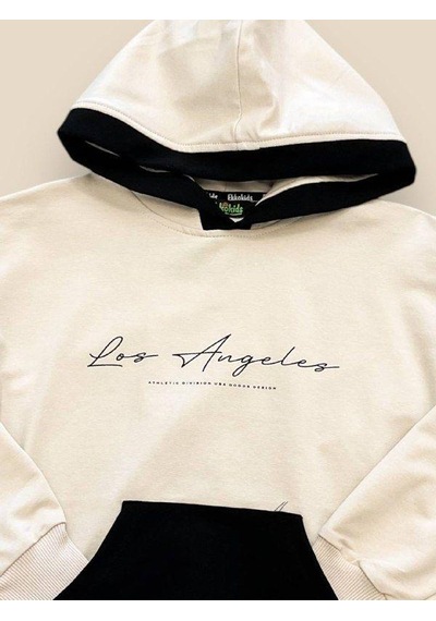 Ekkokids Erkek Çocuk Kapüşonlu Los Angeles Yazılı Pamuklu Sweatshirt-14694 Bej