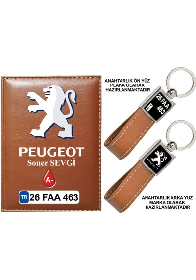 Plakanıza Özel Peugeot Logolu Taba Ruhsat Kabı Ve Anahtarlık