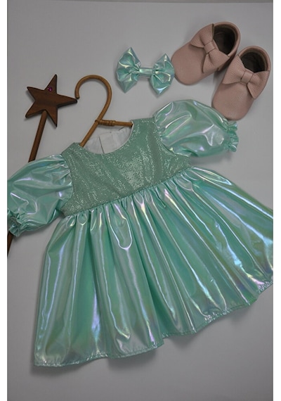 Water Green Toka Aksesuarlı Kız Bebek Elbise Mint
