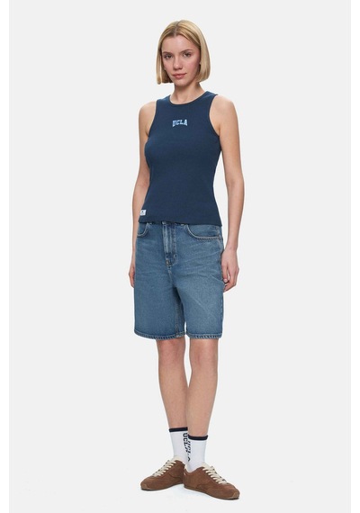 Salınas Lacivert Sıfır Kol Nakışlı Standard Fit Kadın Tshirt Lacivert