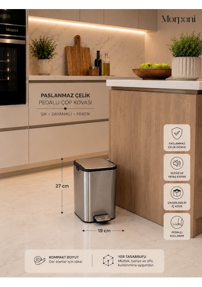 Morponi Amortisörlü Pedallı Çöp Kovası Banyo Çöp Kovası 5 Lt Krom