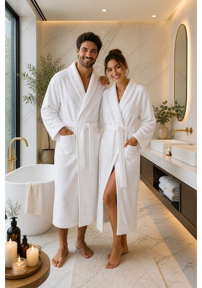 Şalyaka Bornoz Beyaz %100 Pamuk Unisex Spa Için Ideal Kadın/erkek Cep Detaylı Beyaz Beyaz