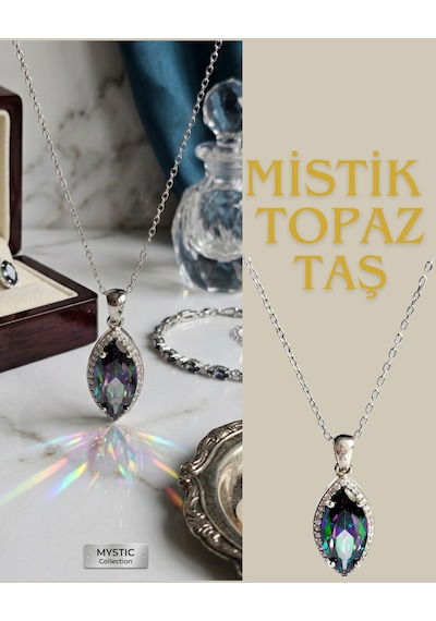 925 Ayar Gümüş Mistik Topaz Taşlı Damla Tasarım Kadın Kolye Doğum Günü Hediye Gümüş