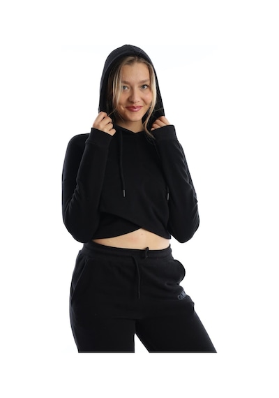 Kadın Kruvaze Detaylı Kapüşonlu Crop Sweat Siyah