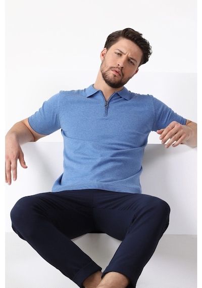 Ferraro A.Havacı Polo Yaka Fermuarlı Erkek Pamuk Triko T-Shirt-Mavi