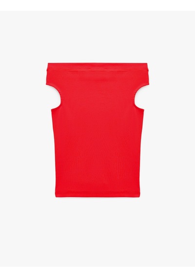 Koton Pamuklu Ribanalı Slim Fit Omzu Açık Madonna Yaka Tişört Kırmızı 6sak50503ek