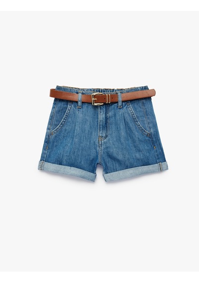 Koton Yüksek Bel Katlamalı Kemer Detaylı Denim Şort Orta İndigo 6skg40126ad