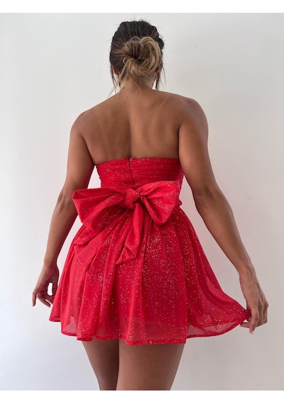 Pink Life Kırmızı Elegant Sparkle Straplez Fiyonk Detaylı Mini Elbise-Kırmızı