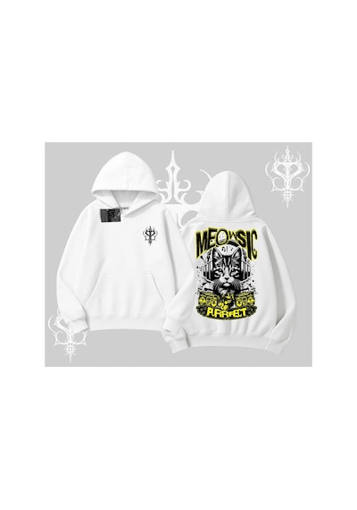 Tarzsokak Meowsic Purrfect Kedi Arka Baskılı Kapşonlu Sweatshirt Beyaz