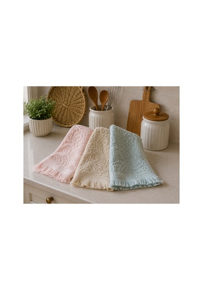 3'lü Jakarlı Püsküllü Mutfak Havlusu Seti 30x50 Cm %100 Pamuk - Gardenlace Çok Renkli