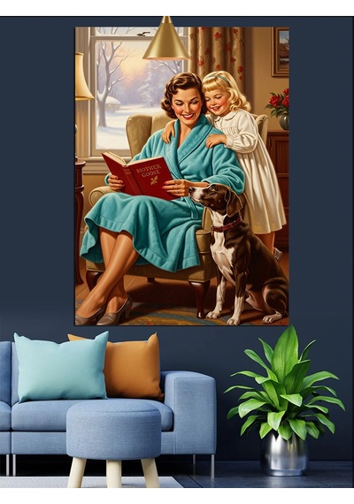 Mutlu Aile Köpekleri İle Retro Dekoratif Kanvas - Mdf Ahşap Tablo