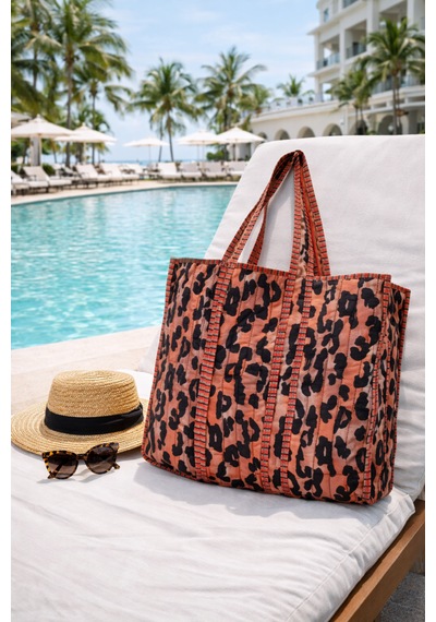 İcone Bag Patch Yama Desen Baskılı Kapitoneli Plaj Çantası, İçi Çizgili Baskılı Shopper Çanta, Pembe Plaj Çantası Leopar