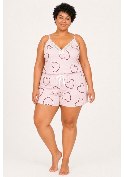 Bravie Kadın Büyük Beden İp Askılı Yakası Dantelli Kalpli Pembe Yazlık Pijama Takımı