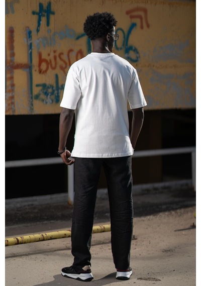 Bisiklet Yaka Lu Küçük Baskılı Oversize Geniş Model T-Shirt Beyaz