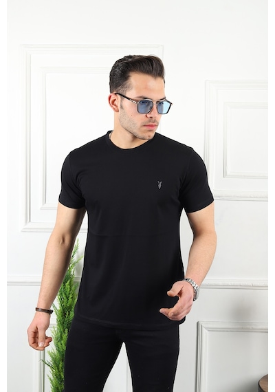 Erkek Siyah Slim Fit Bisiklet Yaka %100 Pamuk Tişört Siyah