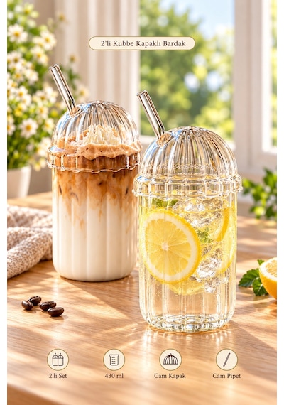 Tilbe Home 2'li Kubbe Kapaklı Pipetli Bardak İskandinav Kahve Sunum Bardağı 430ml Set