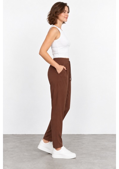 Bihan Store Kadın Beli Lastikli Bağcıklı Viskoz Pantolon W27-1324 - Kahverengi