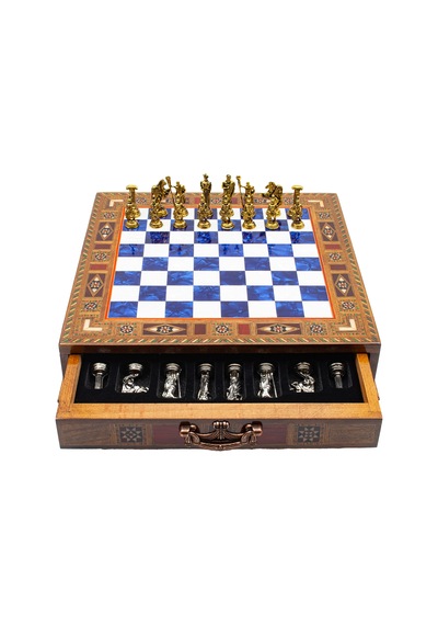 Saklamalı - 181 - Satranç Roma Oymalı Sc38s - 32cm, Mavi Tahta - Muratech - - Sc32m