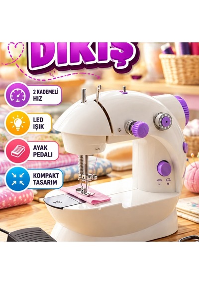 Kompakt Ev Tipi Mini Dikiş Makinesi 2 Kademeli Hız, Led Işık Ve Ayak Pedalı