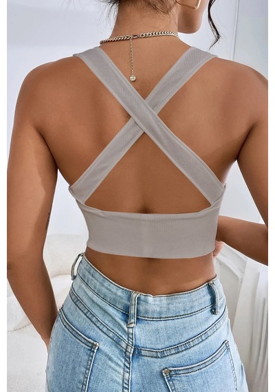 Terapi Men Kadın Gri Çapraz Sırt Detaylı Crop Top Bluz Gri