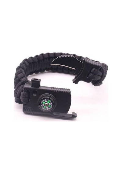 Paracord Survival Bileklik Bıçak Pusula Ateş Başlatıcı Magnezyum Siyah