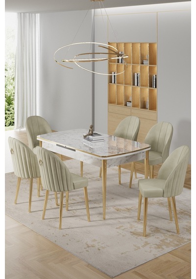 Canisa Rada Serisi 80x132 Açılabilir Lak Panel Beyaz Mermer Desen Masa 6 Krem Sandalye Gold Detay Masa Beyaz Mermer Desen Sandalye Krem Canisa Rada Serisi 80x132 Açılabilir Lak Panel Beyaz Mermer Desen Masa 6 Krem Sandalye Gold Detay Masa Beyaz Mermer Desen Sandalye Krem