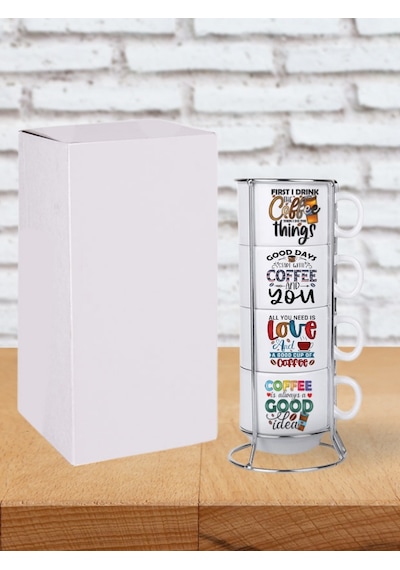Deepcraft Stantlı 4'lü Fincan Seti Çıkmaz Baskılı Coffe&coffe Desenli Beyaz