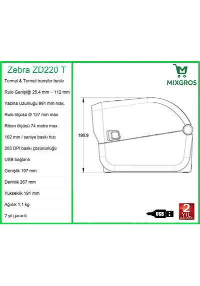 Zebra Zd 220 T Termal Etiket Barkod Yazıcı