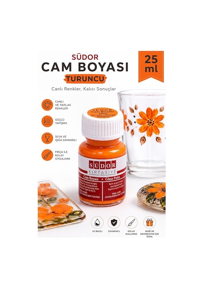 Cam Boyası Vitray Boyası 25 Ml 1 Adet Südor Su Bazlı Renkli Cam Vitray Boyası Sanat Hobi Turuncu