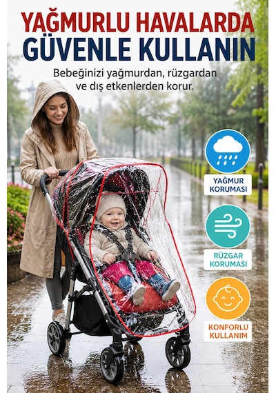 Kırmızı Şeritli Universal Bebek Arabası Yağmurluğu Şeffaf Pvc Yağmur Rüzgar Toz Koruyucu Kılıf