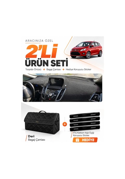 Ford C-max 2010-2014 Double Ekran Uyumlu Torpido Örtüsü + Deri Bagaj Çantası Seti - Siyah