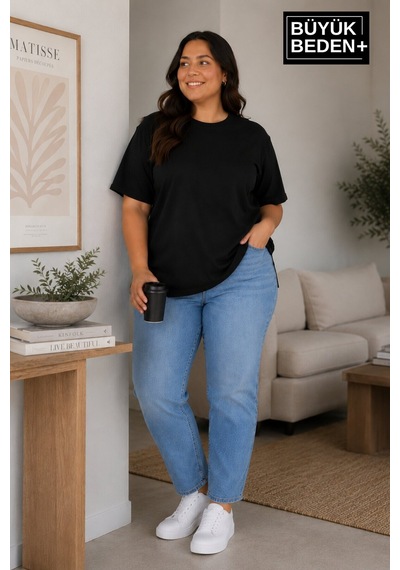 Superlife Büyük Beden Kadın Bisiklet Yaka Yırtmaç Detaylı 3xl-6xl Tunik Tişört Spr26btsk501 Siyah